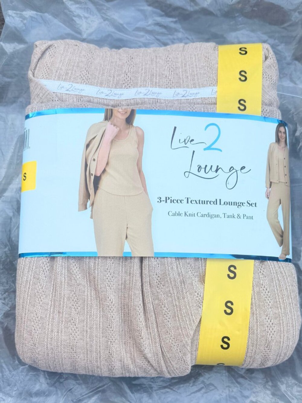 Live 2 Lounge Tan Women's 3-Piece Cable Knit Textured Lounge Set S Cardigan Tank